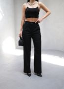 Arkasi Lasti̇kli̇ Pi̇leli̇ Dökümlü Wide Leg Pantolon resmi